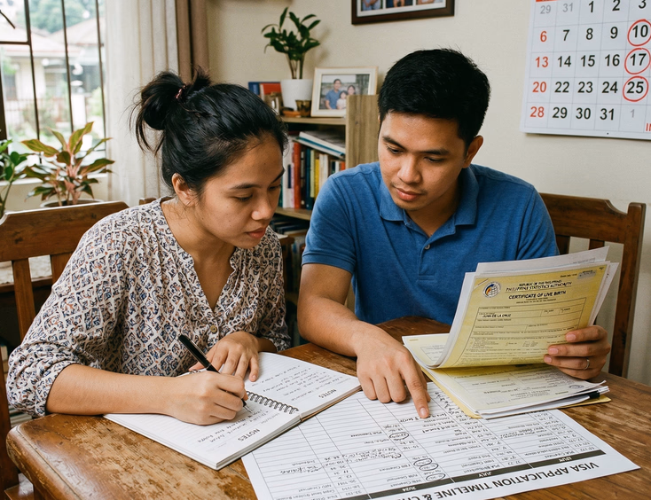 Filipino couple reviewing PSA documents and wedding timeline checklist at home in the Philippines