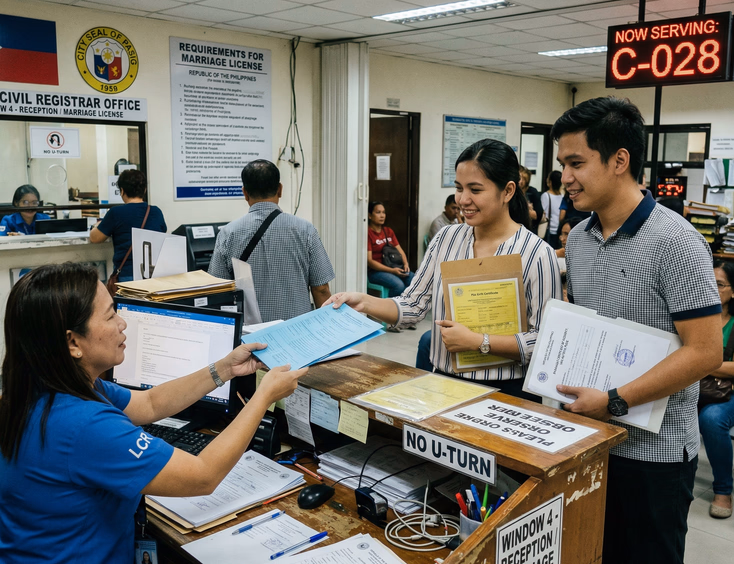 Filipino couple submitting civil wedding requirements to a Local Civil Registrar office clerk in the Philippines