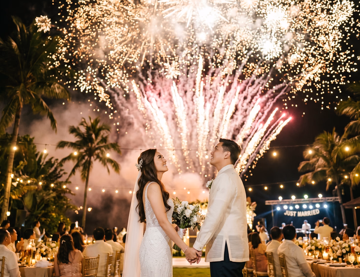 Filipino bride and groom in barong tagalog watching a gold and pink aerial fireworks finale at a tropical garden wedding reception at night.