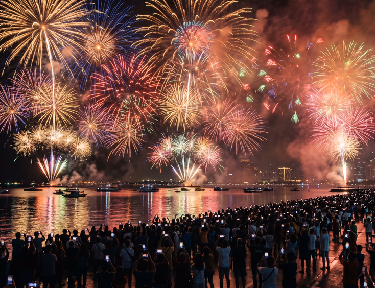 Thousands of spectators watching a massive public pyromusical fireworks display over a bay in the Philippines at night.
