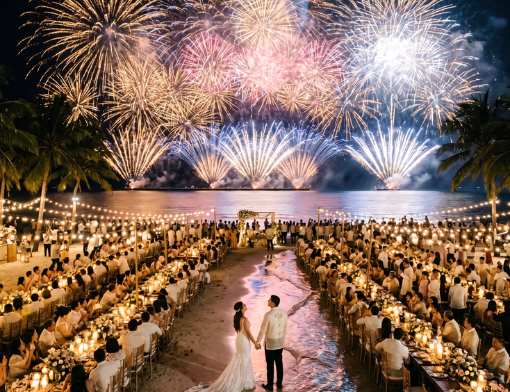 Aerial view of a large Filipino destination wedding beachfront reception with a choreographed pyromusical fireworks display over the ocean.