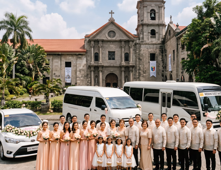 Wide shot of a Filipino wedding entourage standing in front of a decorated white sedan Toyota HiAce van and Toyota Coaster minibus outside a Philippine church with bridesmaids in pastel dresses groomsmen in Barong Tagalog principal sponsors and flower girls under bright midday sun