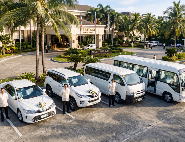 Bird's eye angled shot of a Philippine hotel driveway with four white wedding vehicles parked side by side including a sedan SUV Toyota HiAce van and Toyota Coaster minibus each with open doors and a Filipino driver in white Barong Tagalog standing beside them