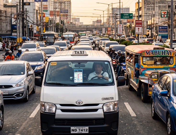 White Toyota HiAce van stuck in heavy Metro Manila Saturday traffic surrounded by jeepneys sedans and motorcycles with a Filipino driver checking a Waze navigation screen on the dashboard under warm golden afternoon light