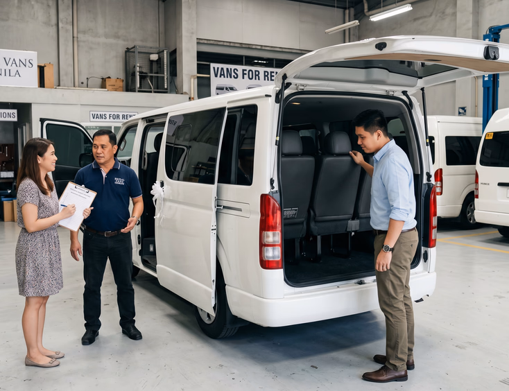 Filipino couple in smart casual attire inspecting a white Toyota HiAce van inside a bridal car supplier garage with the groom checking the rear seats and the bride holding a printed checklist while talking to a supplier representative