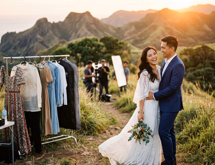 Filipino couple posing for an outdoor prenup photoshoot in the Philippines with a wardrobe rack in the background.