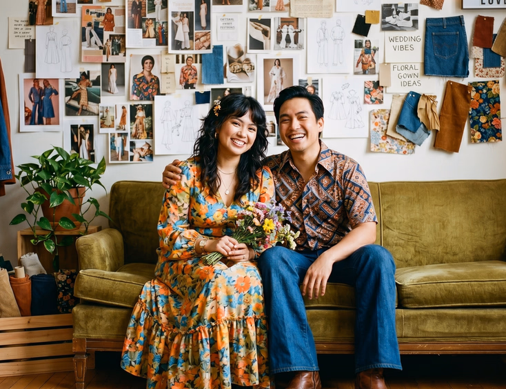 Filipino couple wearing 1970s retro outfits on a vintage couch in a styling studio.