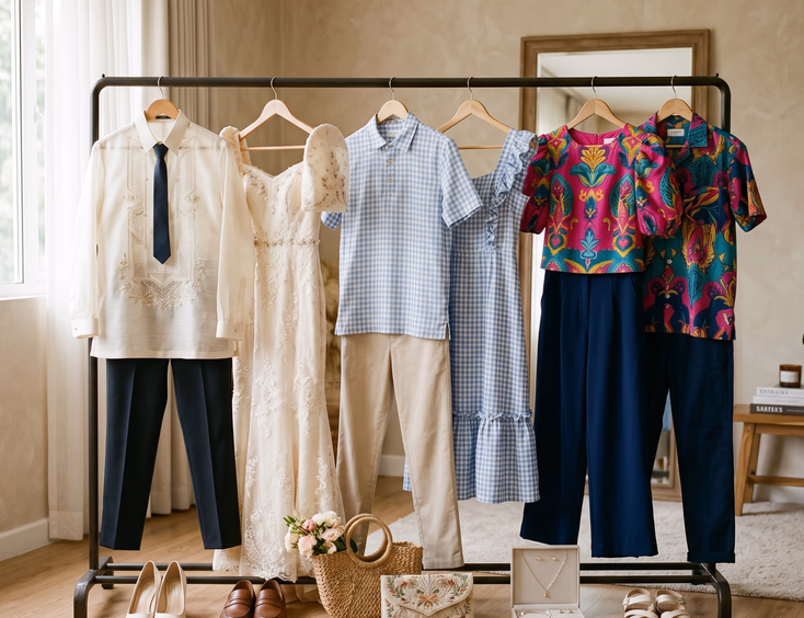 Wardrobe rack with prenup outfit sets for a Filipino couple inside a styling studio.