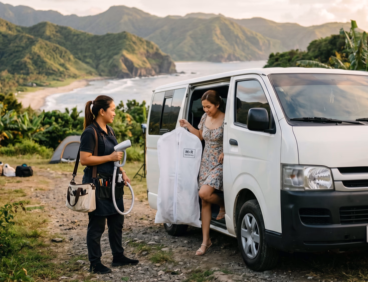 Wardrobe stylist assisting a Filipina bride stepping out of a van at an outdoor prenup shoot location.
