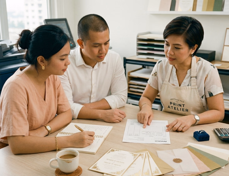 A Filipino couple in their late 20s sits across from a female Filipino stationery supplier at a clean studio table in a bright Manila print shop, the supplier pointing to a printed order form with quantities and pricing while the woman holds a pen ready to take notes, with invitation samples and paper swatches spread across the table.