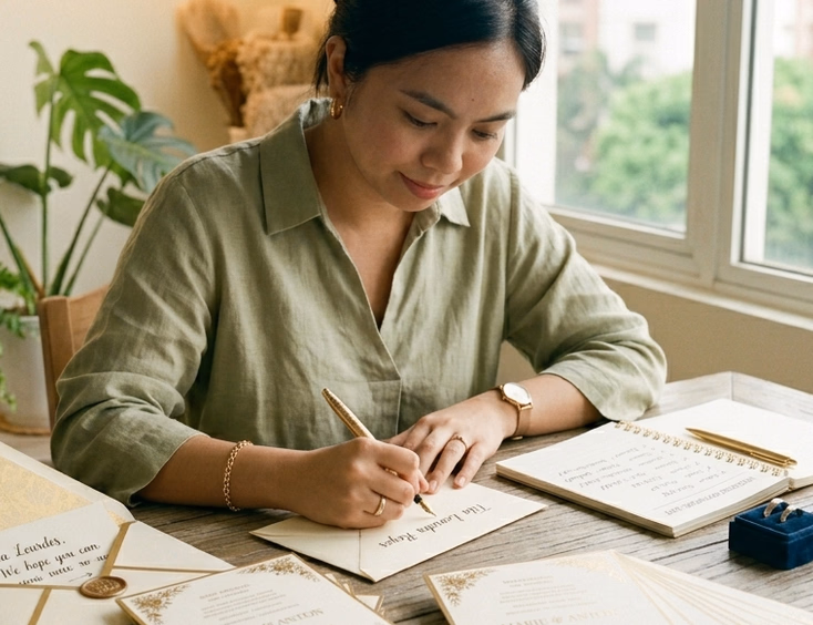 A Filipino woman in her early 30s sits at a dining table in a warm Manila home writing names from a printed sponsor list onto premium cream envelopes with a calligraphy pen, with two distinct piles of wedding invitation suites in front of her and a cup of tea nearby in warm indoor lighting.