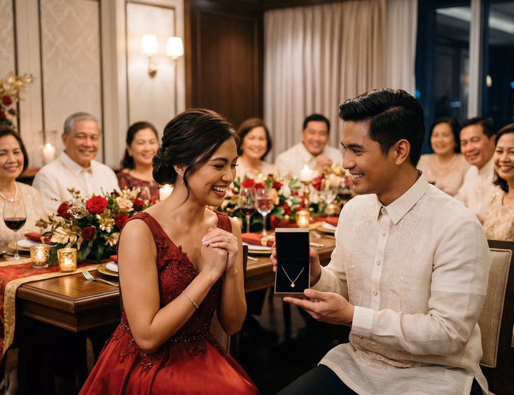 Filipino man in slim-fit barong tagalog presenting an open jewelry box with a gold necklace to a Filipino woman in a red formal gown, surrounded by both families watching with warm expressions in a modern private dining room