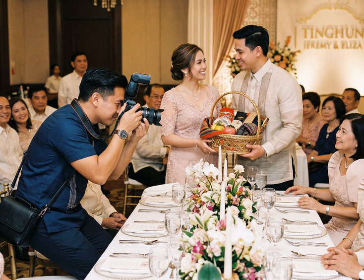 Filipino photographer in smart casual attire crouching at the edge of a formally set dining table capturing a tinghun gift presentation, couple focused on each other while guests watch attentively with phones put away