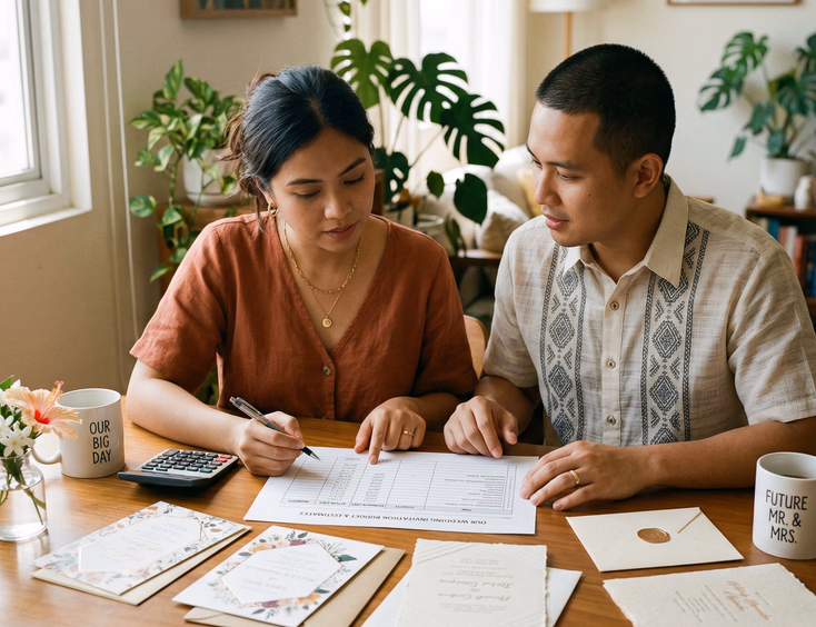 A Filipino couple in their late 20s sits at a dining table with a printed wedding invitation budget worksheet and several invitation sample cards spread between them, one holding a pen reviewing figures in warm natural light from a nearby window.