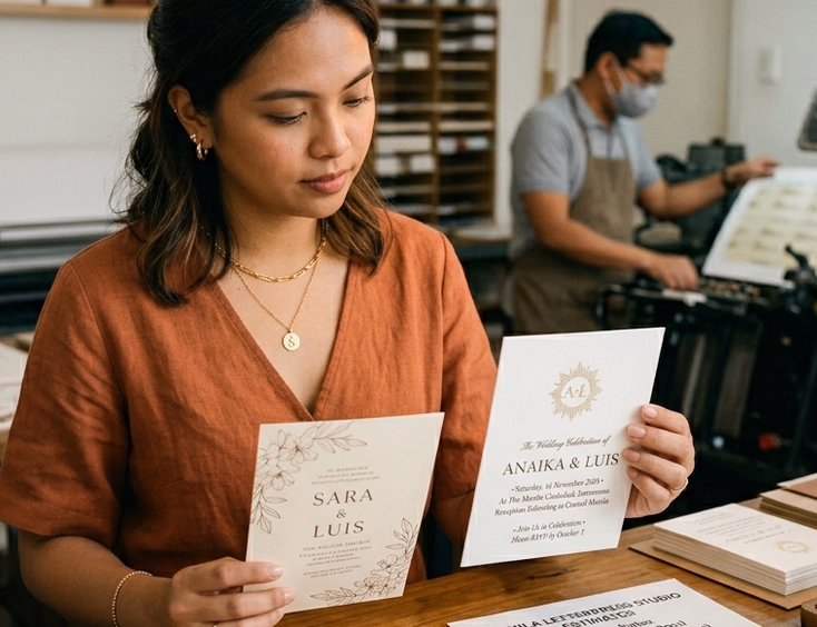 A Filipino woman in her late 20s stands at a print studio counter comparing a digitally printed wedding invitation on standard card stock side by side with a letterpress version on thick cotton paper, with a pricing sheet on the counter and a print technician visible in the background.