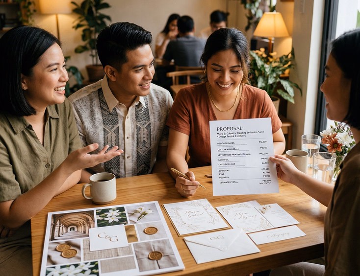 A Filipino woman in her late 20s sits across a café table from a wedding invitation designer, reviewing a printed design proposal with itemized fees alongside sample invitation mockups and a mood board between them in soft warm café lighting.
