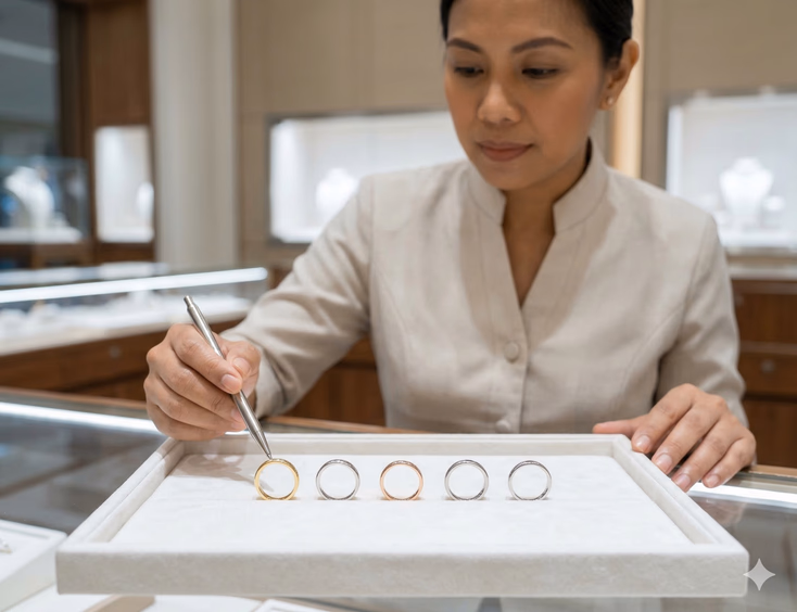 A Filipino female jeweler in a neat collared uniform points to a yellow gold wedding band with a slim pen as five plain wedding bands — yellow gold, white gold, rose gold, platinum, and silver — are arranged in a single row on a white velvet tray inside a Philippine jewelry store. Bright, even lighting highlights each metal's distinct color and finish.