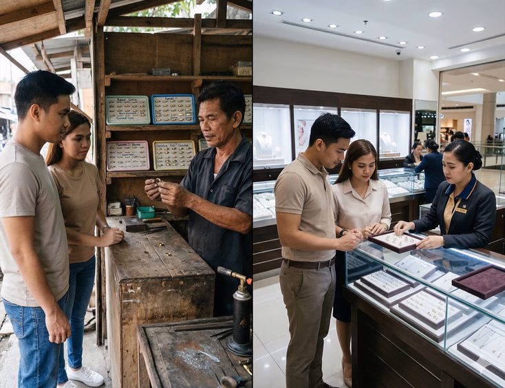 A split-scene image contrasting two ring shopping experiences. On the left, a Filipino couple in casual clothes browses gold rings at an open-air goldsmith stall in Meycauayan, Bulacan, where an older goldsmith with weathered hands demonstrates a plain gold band across a worn wooden counter. On the right, the same couple, now dressed smart-casual, stands at a polished glass jewelry counter inside a bright Philippine mall store attended by a uniformed sales associate.