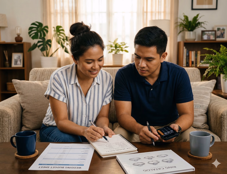 A Filipino couple in their late 20s sits side by side on a couch in a tidy home living room. The woman points to a handwritten budget breakdown on a notepad while the man follows along, holding a phone displaying a calculator. A printed wedding budget sheet, a small ring catalog, and two empty coffee mugs sit on the coffee table in front of them, lit by warm afternoon light from a nearby window.