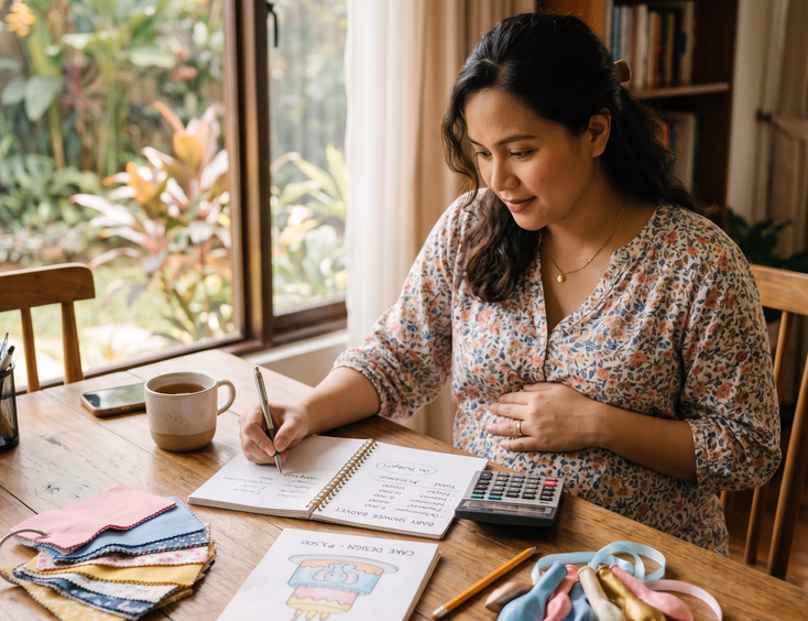 A thoughtful pregnant Filipino woman sits at a tidy table with a calculator and notebook to plan her upcoming baby shower budget.