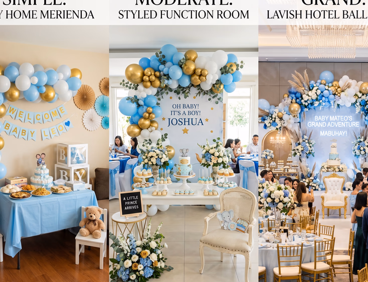 Three Filipino baby shower venue setups are shown side-by-side, ranging from a simple home corner to a grand hotel ballroom.