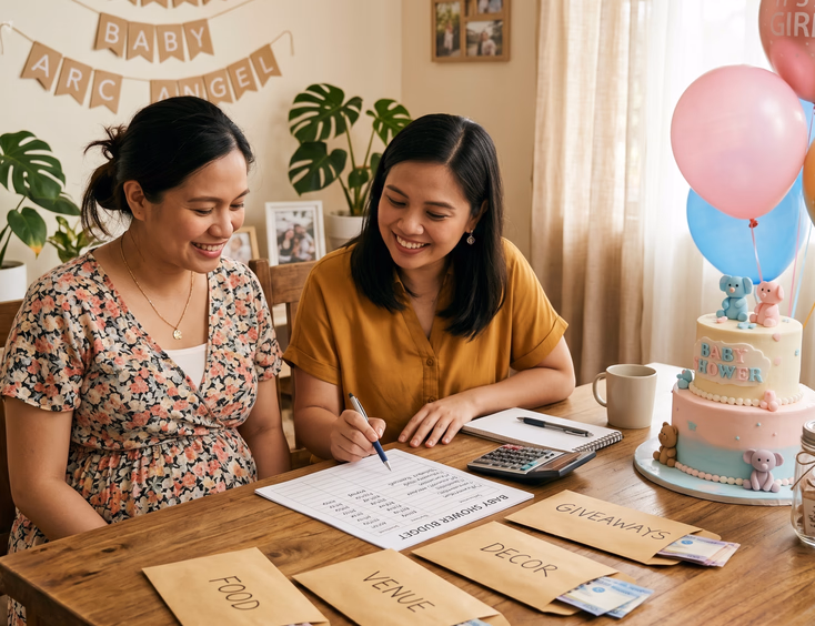 A Filipino mom-to-be and her friend organize baby shower costs at a table using labeled envelopes for food, venue, and decor.