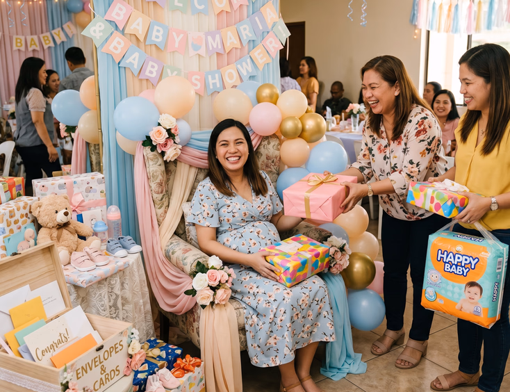 Smiling Filipino guests hand over wrapped gifts and diaper packs to a happy pregnant mom-to-be at her pastel baby shower.