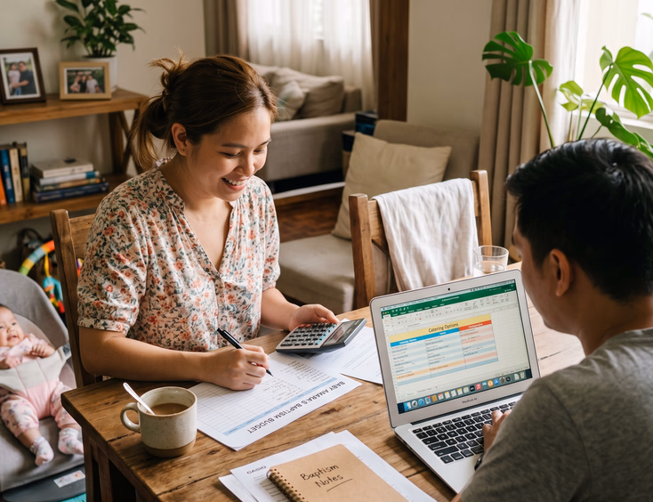 Filipino couple planning a baby baptism budget with a laptop and calculator at home.