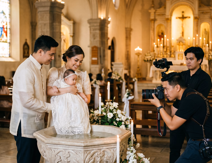 Filipino photographer and videographer capturing a baby baptism at a church font.