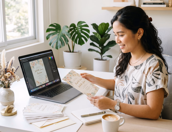 Filipino graphic designer reviewing printed and digital pastel baptism invitation designs.