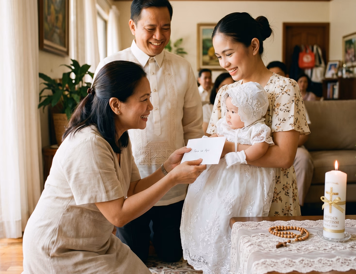Filipino ninang giving a gift envelope to a baby in a christening gown.