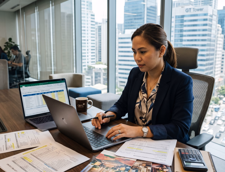 Filipino finance manager and event planner review budget spreadsheets on a laptop in a bright Makati office, with venue brochures spread out.