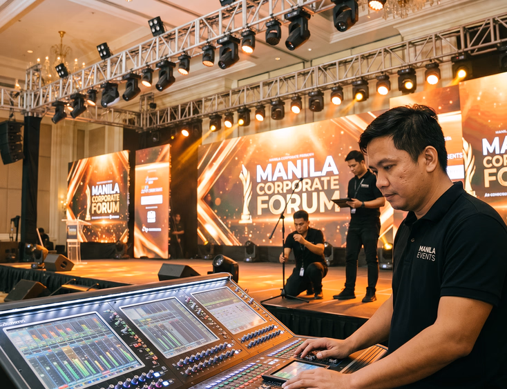 Filipino AV technician adjusts lighting and sound equipment at a Manila corporate event venue, with a mixing console and LED wall visible.