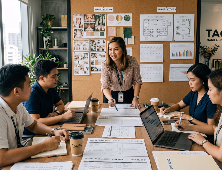 Filipino event organizer briefs her coordination team at a Manila studio, with run sheets, contracts, and mood boards spread across a table.