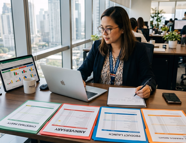 Filipino corporate planner compares event budget proposals for a Christmas party, product launch, and awards night on a laptop in a Makati office.