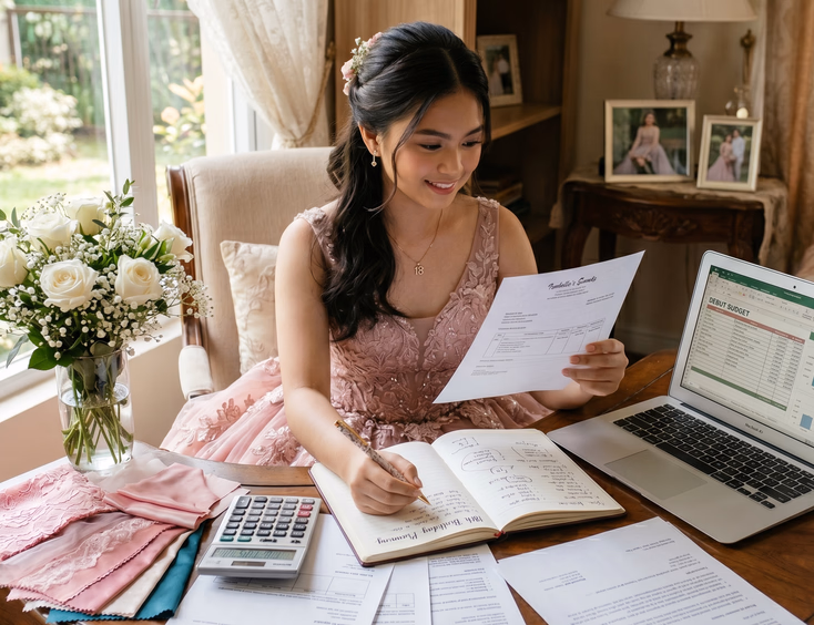 Filipina debutante in a pink gown plans her event at a desk with a budget spreadsheet, supplier quotes, notebook, and white roses.
