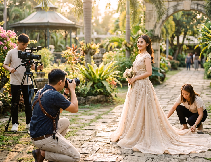 Filipino photographer and stylist shoot a debutante in a champagne gown during a sunlit garden pre-debut photoshoot session.