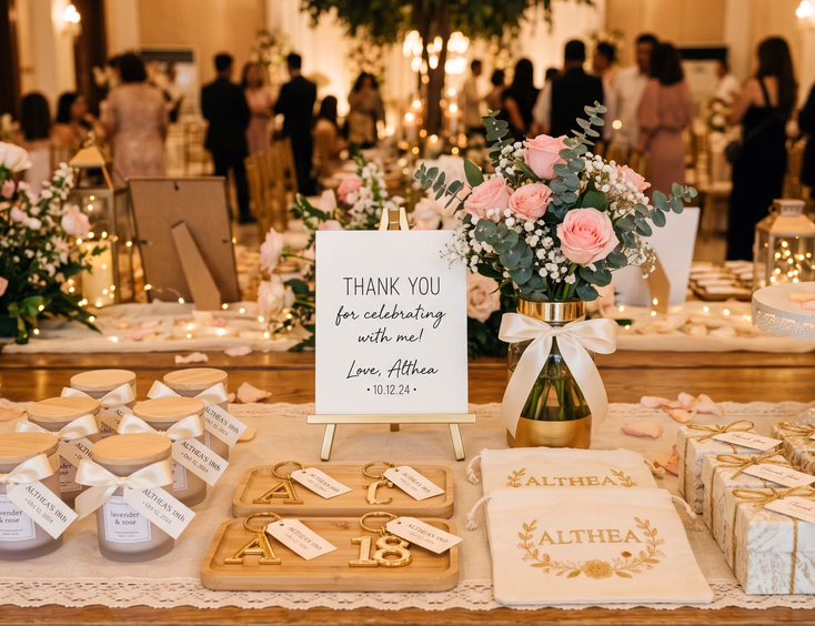 Elegant Filipino debut souvenir display table featuring personalized guest favors, scented candles, thank-you cards, and pink roses.
