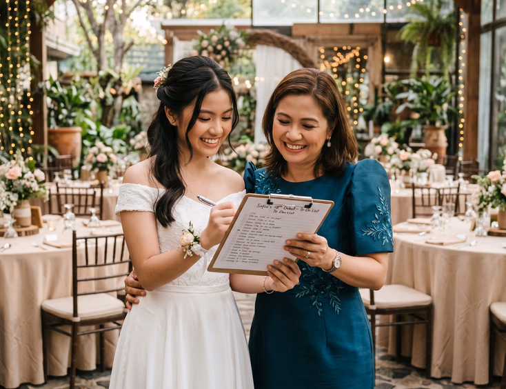 Filipina debutante and her mother review a checklist in a garden venue with intimate lighting and tables set for the celebration.