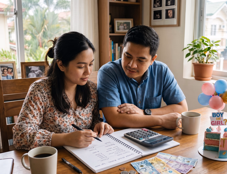 A focused Filipino couple plans their gender reveal budget at a table with Philippine peso bills, a calculator, and party samples in soft daylight.