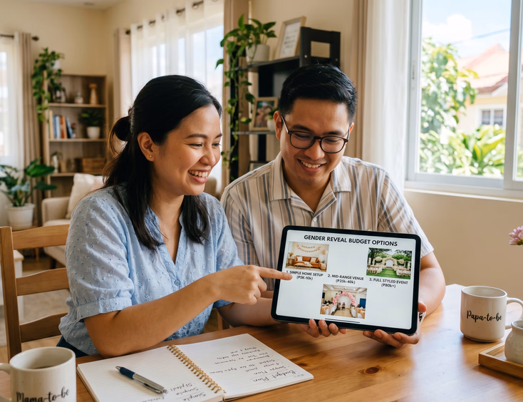 A Filipino couple compares gender reveal budget options, viewing photos of different venues and setups on a tablet at a tidy planning table.