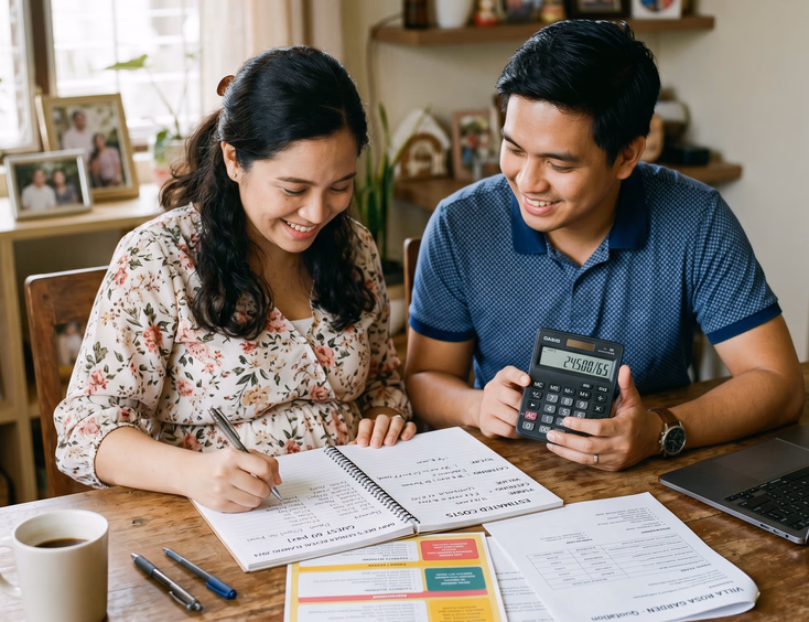 An organized Filipino couple estimates gender reveal costs, writing a guest list and food numbers in a notebook with a calculator and notes spread out.