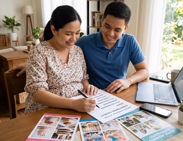 A decisive Filipino couple reviews a gender reveal supplier checklist, ticking off chosen vendors among supplier brochures on a tidy table.