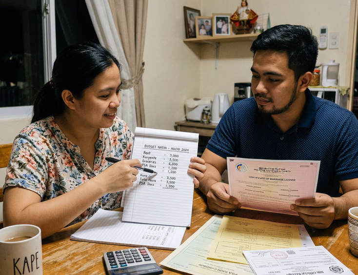 Filipino couple reviewing civil wedding budget and marriage license documents at home in the Philippines