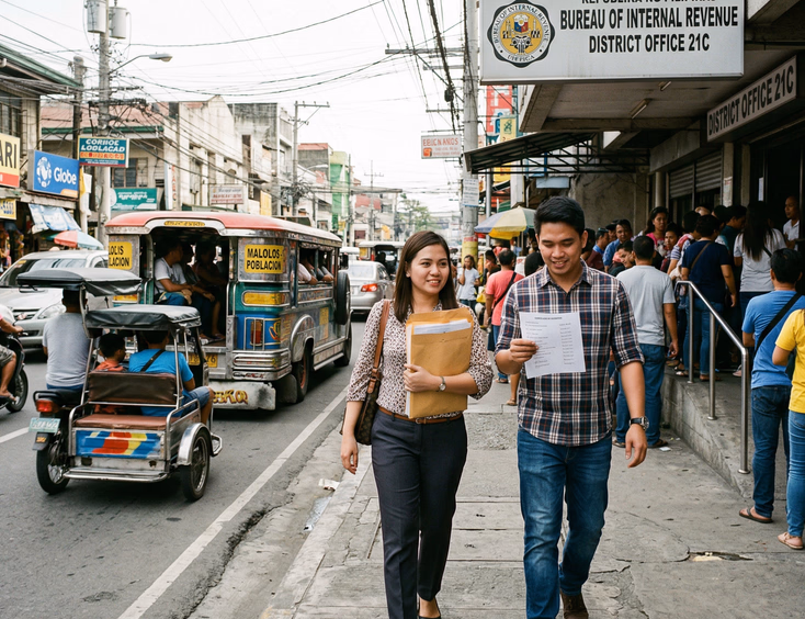 Filipino couple walking toward a government building with civil wedding documents in urban Philippines