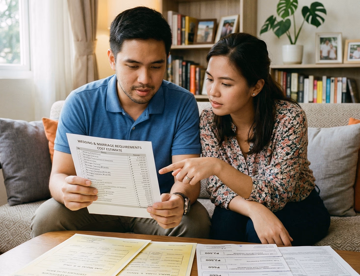 Filipino couple reviewing civil wedding cost breakdown and government receipts at home in the Philippines