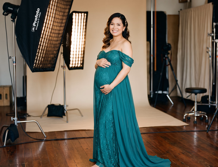 An elegant pregnant Filipino woman poses in a professional photo studio, showing the visible lighting gear and a warm, polished mood for her maternity shoot.