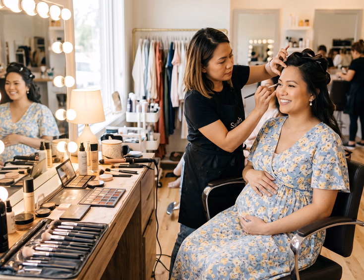 A beautiful pregnant Filipino woman sits in a bright studio as a stylist applies makeup and prepares her hair, surrounded by mirrors and beauty tools.