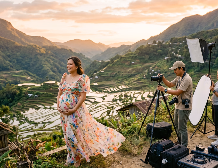 A pregnant Filipino woman in a flowing gown stands at a scenic outdoor Philippine landscape during golden hour while a photographer and assistant set up.