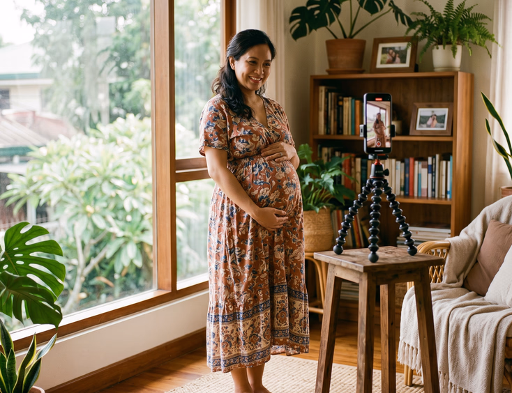 In a cozy home setting, a pregnant Filipino woman takes her own maternity photo using a phone on a tripod placed near a large window with soft daylight.